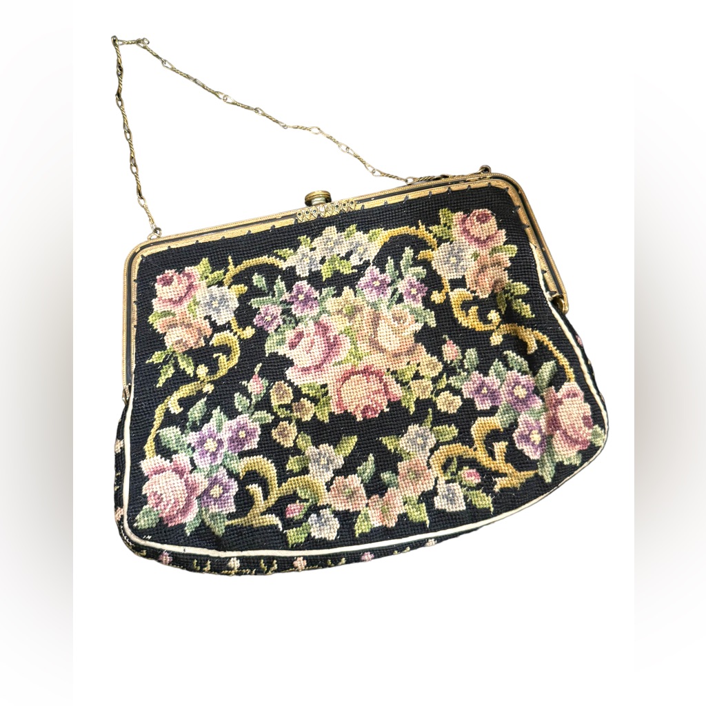 Antique Petite Point Fancy Flowers Ornate Brass Metal Purse Wristlet